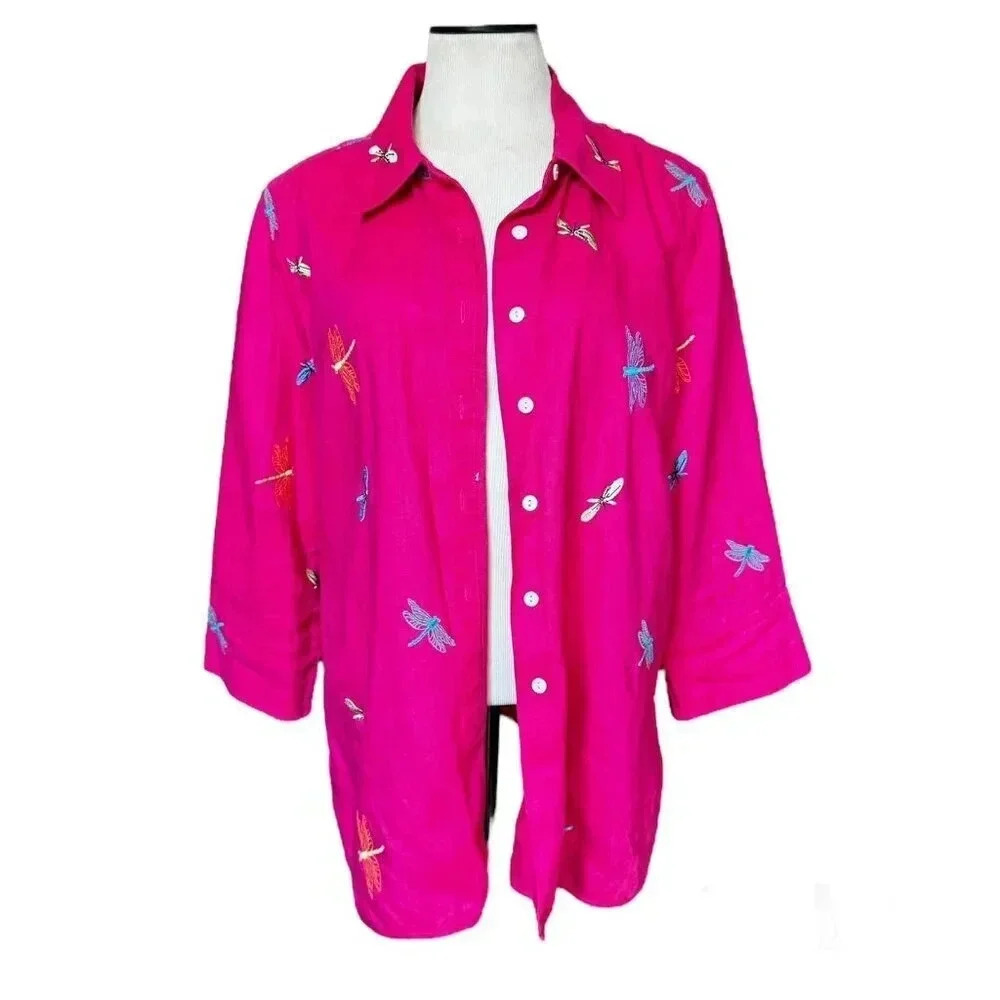 KIM ROGERS Women’s Top Blouse size L embroidered dragonflies 100% linen blouse - Picture 4 of 12